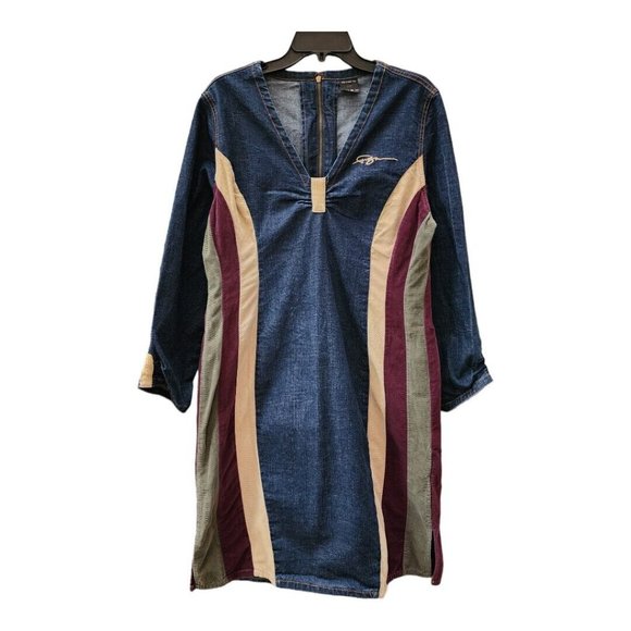 FUBU Dresses & Skirts - FUBU Womens Tan Plum Corduroy Stripes Plunge V-Neck Long Sleeve Denim Dress 16W
